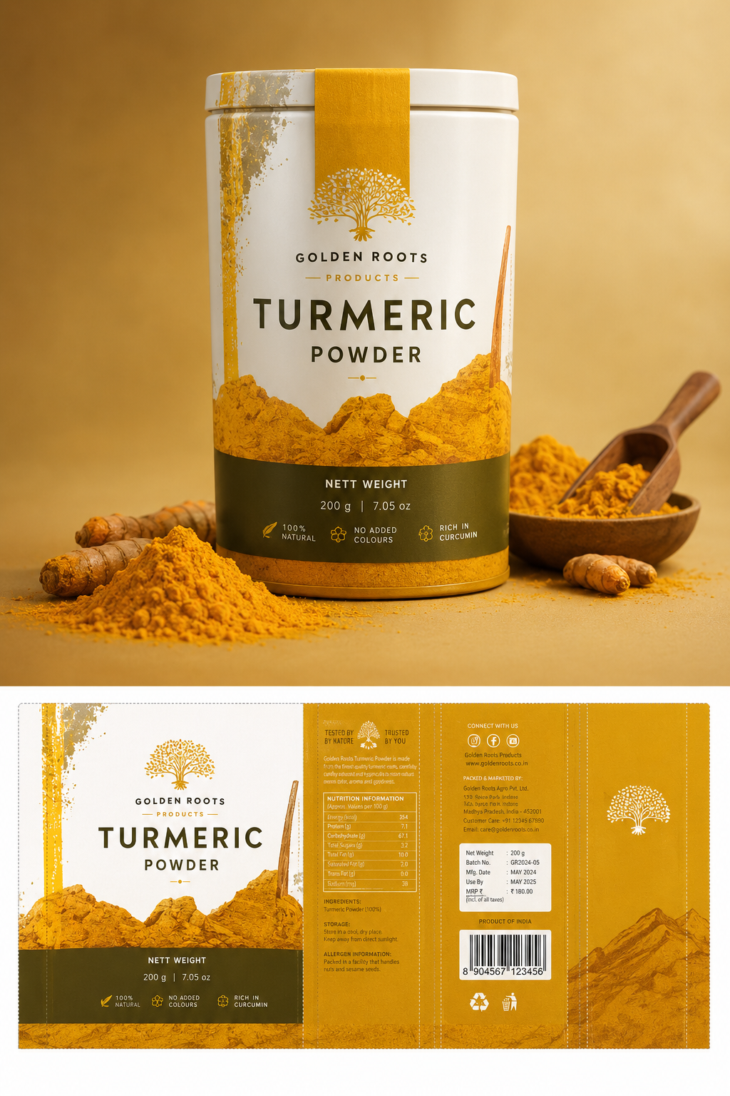 Turmeric Powder — Premium Pack Design (Golden Roots)